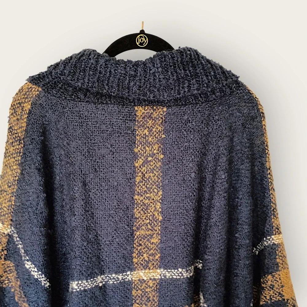 World Market Plaid Cowl Neck Fringe Poncho Navy Mustard Women One‎ Size
